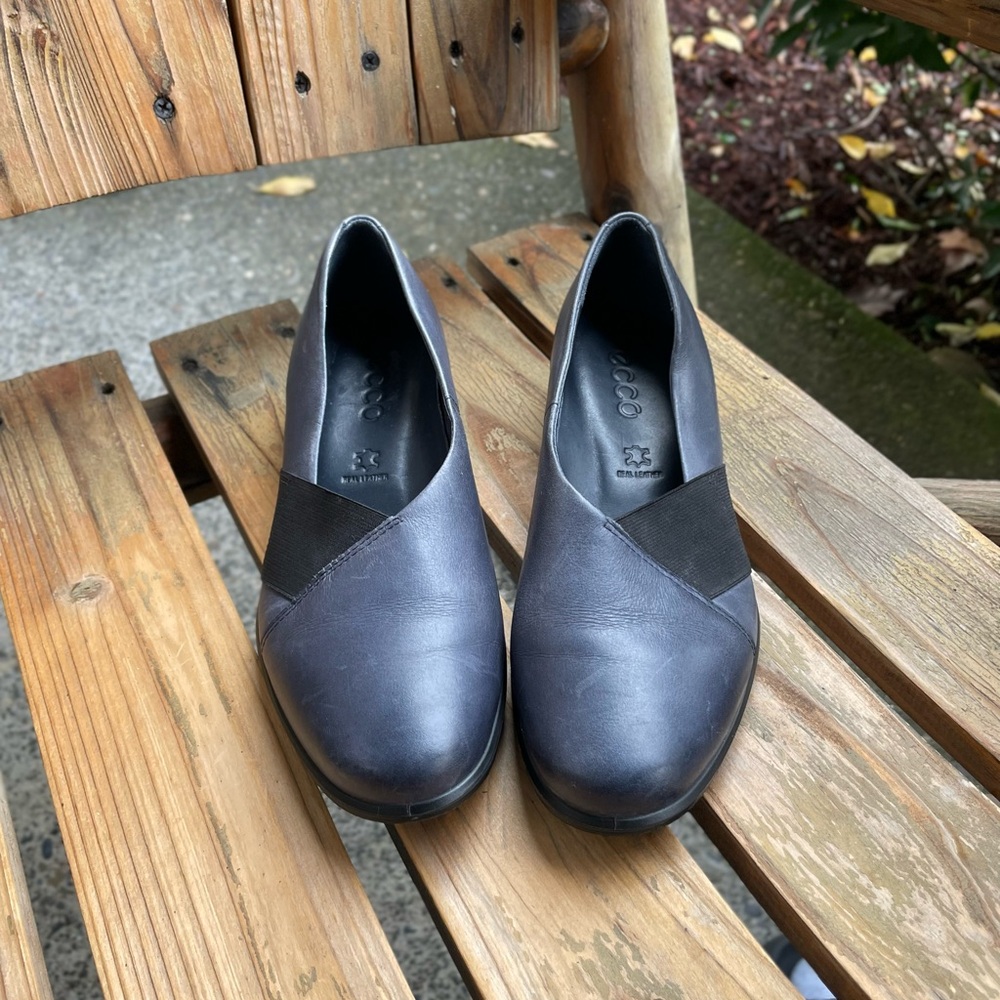 ECCO Felicia Blue Leather Wedge Loafer Elastic Comfort Shoe EUR 36